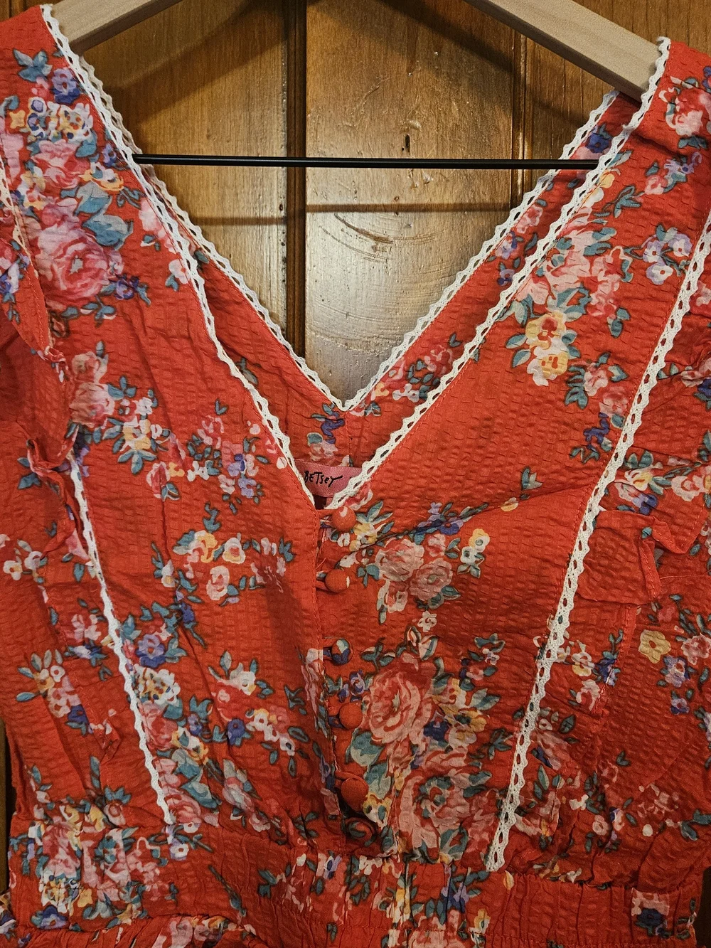Betsey Johnson Red Floral V-Neck Mini Dress with Lace Trim - Picture 4 of 7